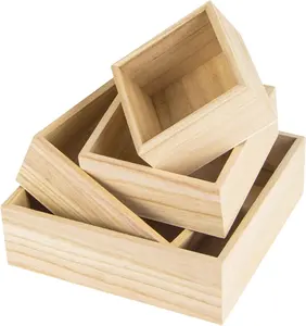 Caixa de madeira inacabada, 4 tamanhos, caixa organizadora de madeira pequena rústica quadrada para vasos de plantas, recipientes de madeira para venda