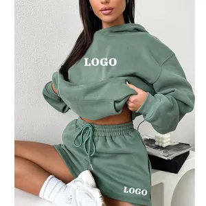 L800829 2024 Custom Logo Sportswear Short Sweat Suits Set Women Pullover Hoodie And Shorts Sets Women Lounge Wear Clothing