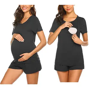 Best Seller Cotton Maternity Pajamas for Hospital Set Short Sleeve Breastfeeding Pregnancy Sleepwear Nursing Pajamas