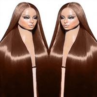 Perruque Lace Frontale HD sans colle en cheveux humains péruviens bruts, lisse, brun chocolat, brun rougeâtre, économique