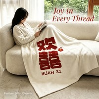 Plaid chinois Huan Xi, base crème, Double Joy, festif, semi-velours, double face, ultra doux, pour canapé et maison, vente en gros