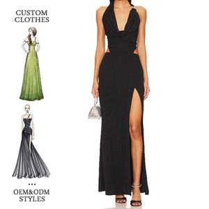 Nouvelle Robe Longue Noire en Satin 2024, Col Halter, Décolleté Plongeant, Fendue, Style Fourreau, Sexy, pour Soirée Western, avec Taille Empire pour Filles - Product Image 1