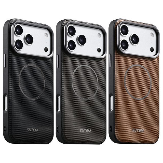 SUTENI for iPhone 18 Pro Max Phone Case Magnet Wireless Charging Metal Lens Frame Triangle Pattern Faux Leather 17 16 15 14 13