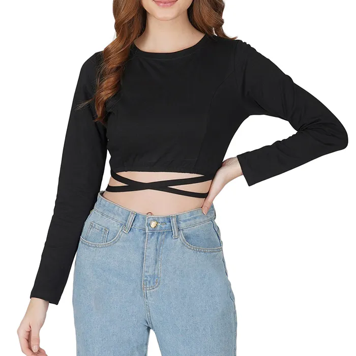 Fashion atasan Crop hitam lengan penuh wanita, dengan tali belakang kosong katun seksi ramping untuk wanita grosir