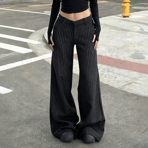 Women Striped Wide Leg <b>Pants</b> High Waist V Waist Slimming Office Lady Trousers Chic Streetwear - Product Image 1
