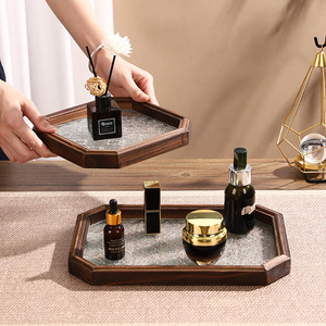 Mystic Arts Solid Wood Glass Tray Octagonal Bathroom Storage Tabletop Decorative Organizer For Cosmetics Tea <b>Set</b> Display - Product Image 4