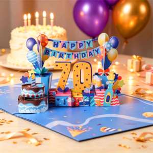 Carte de vœux 3D pop-up Winpsheng pour 70e anniversaire avec musique, découpe laser, design de gâteau en papier et ballon - Product Image 2