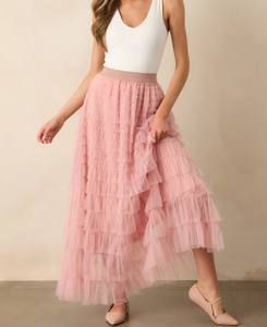 Falda maxi de tul con volantes escalonados, color rosa polvoriento, sostenible, transpirable, antiestática, con cintura natural, estilo casual. - Product Image 1