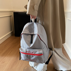 Korean Minimalist Water Resistant <b>Black</b> Plaid Nylon <b>Backpack</b> Fits 15 Inch Laptop School Commute Shoulder Bag - Product Image 5
