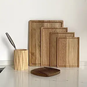 Tabla de cortar de madera de roble de primera calidad, tabla de cortar de madera de bambú orgánico de cocina sólida con ranura para jugo de goteo