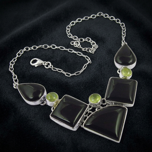 Geometric <b>Statement</b> <b>Necklace</b> with Black Onyx and Peridot in 925 Silver Link Chain for Women's Everyday Wear - Product Image 3