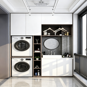 Meuble de balcon sur mesure, panneaux plats blancs, poignées en cuir, lave-linge et sèche-linge intégrés <span class=keywords><strong>Bosch</strong></span>, évier sous plan noir, robinet doré brossé - Product Image 5