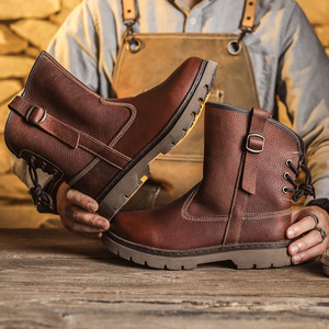 Botas de Hombre de Cuero Genuino Marrón, Punta Redonda, Correa con Hebilla, Suela de Goma, Zapatos para Caminar para Todas las Temporadas - Product Image 1