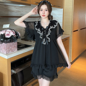 Set Pigiama in Rete con Colletto a Bambola, Completo da Notte a Due Pezzi con Ricami in Pizzo e Volant per Donna - Product Image 5