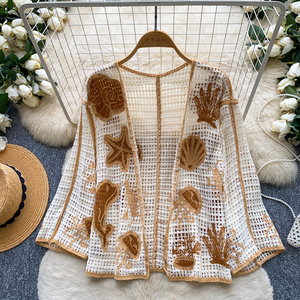 Blouses d'été à manches longues en tricot bohème pour femmes, chemises unies ajourées, hauts décontractés pour femmes, vente en gros - Product Image 3