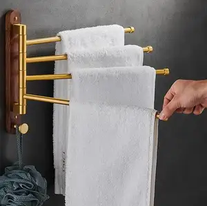 4-Arm Brushed Gold Adhesive Wall Mounted Aluminum Bathroom Towel Rack Hanger Holder Organizer Swivel Towel Bars With Hook