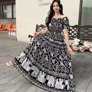 Abito da donna floreale monospalla antistatico con vita elasticizzata, stile bohémien lungo estivo, etnico, ampio, da spiaggia - Product Image 4