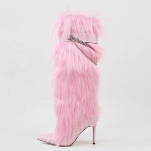 Custom Plush Women High Heels Fur <b>Long</b> Booties Metal Chain on Fluffy Knee High Boots Winter Furry Snow Shoes - Product Image 4