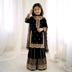 Traje Anarkali de Terciopelo de Microalgodón con Bordado Negro, Ropa Tradicional de Boda para Niñas, Largo hasta el Suelo, Estilo Indio-Pakistaní - Product Image 1