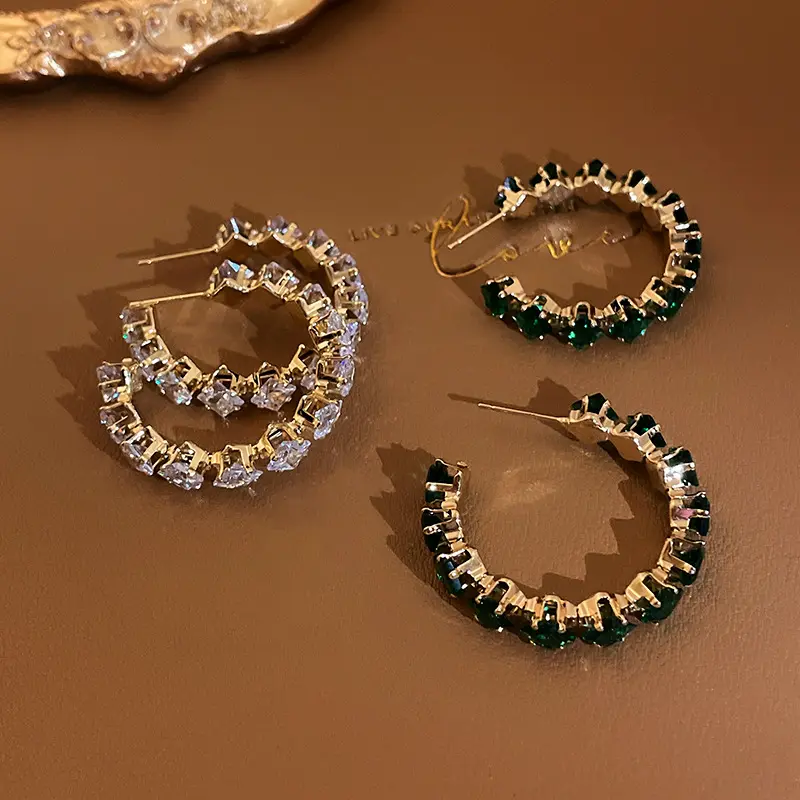 이우 DAICY 우아한 보석 녹색 모조 다이아몬드 귀걸이 925 실버 바늘 다이아몬드 후프 귀걸이 여자 선물