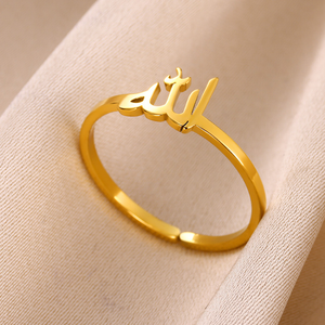 Vente en gros <span class=keywords><strong>Bague</strong></span> ouverte 'Lettre d'amour' arabe en acier inoxydable plaqué or rose, style vintage et tendance, pour hommes et femmes, thème islamique - Product Image 2
