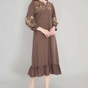 Vestido de Lino y Algodón Personalizable, Elegante, Cuello Redondo, Casual, Corte en A, Manga Larga, Abotonado, Midi, Verano, para Mujer - Product Image 4