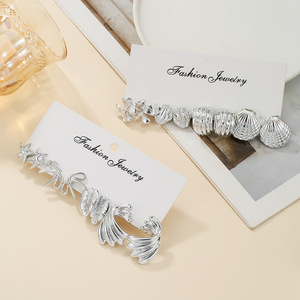 ชุดต่างหูแฟชั่นดีไซน์เปลือกหอยปลาดาวใบไม้สีเงินสำหรับผู้หญิง - Product Image 2