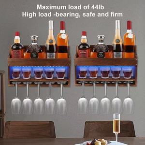 Wooden Wall Mounted Wine Rack With <b>Led</b> <b>Light</b> 2 Tier Bottle Glass Holder For <b>Bar</b> Storage Organization - Product Image 3