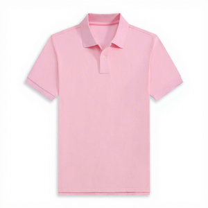 Chemise rose à manches courtes pour homme, 100 % coton piqué, coupe classique, style décontracté, couleur unie, col roulé, fermeture frontale rapide - Product Image 1