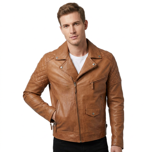 Blouson en cuir véritable marron pour homme, style motard asymétrique, en cuir de vachette matelassé, avec revers et poches zippées, personnalisé, chaud pour l'hiver - Product Image 1