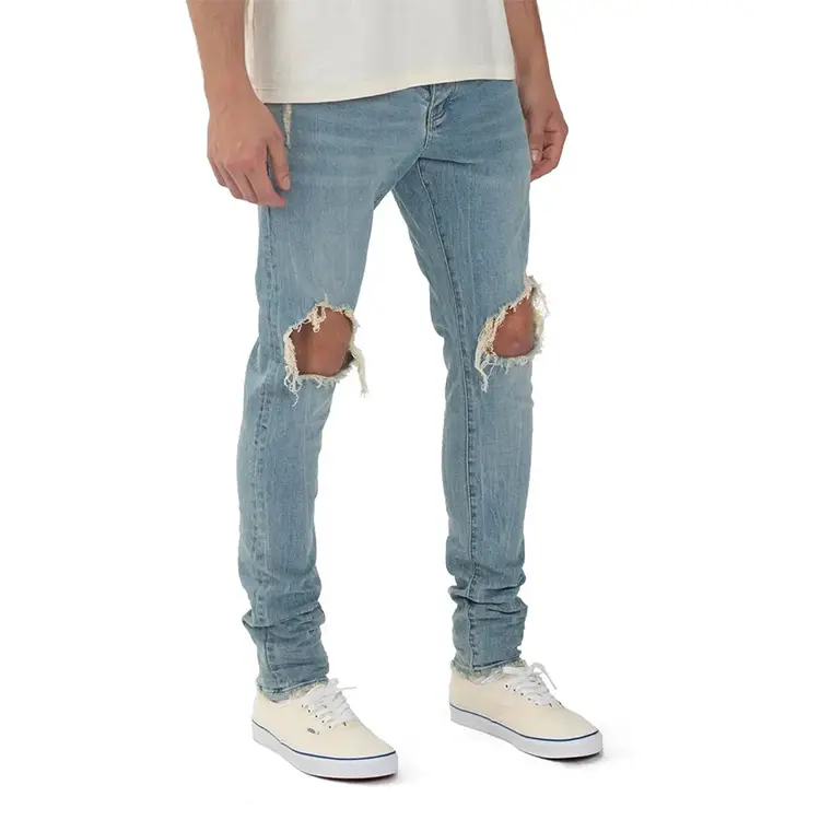 OEM men's denim clothing custom logo slim fit distressed pant skinny ripped jeans for men