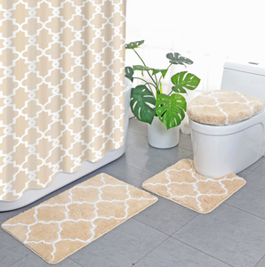 Bathroom Washroom Waterproof 4pcs Shower <b>Curtains</b> Toilet Lid Cover Anti-Slip Rug Mat Set - Product Image 6