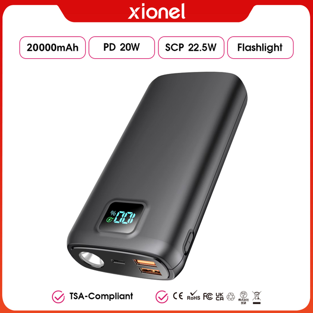 Premium 20000mAh Polymer 22.5W Fast Charging Power Bank with LED Flashlight, Battery Gauge & Charges 3 Devices at Once.