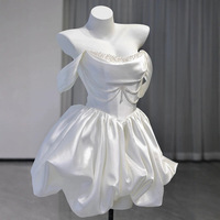 Robe de cocktail blanche en satin de style court français, épaules dénudées, modeste, longueur au sol, dentelle pour mariage, fiançailles, anniversaire, fête, banquet