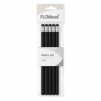 FLOWood Lot de 5 crayons en bois, crayons à mine noire avec gomme, sac de rangement suspendu, pour bureau et école