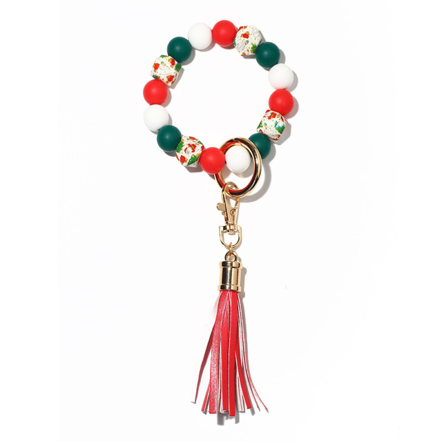 New Red Silicone Bead Bracelet Wooden Bead Wristlet PU Leather Tassels Pendant Christmas Gift Bangle Keychain
