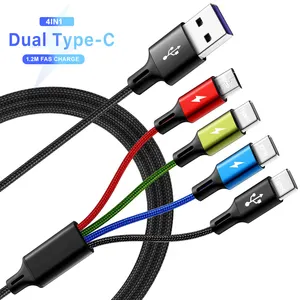 EONLINE kabel pengisi daya Multi, kabel pengisian daya Multi 1.2M 3D 4 dalam 1 kepang Multi Cepat Port Tipe C/mikro USB untuk ponsel tablet