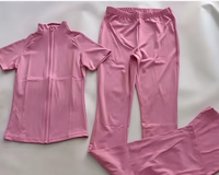 Ensemble de survêtement 3 pièces Y2K pour femme avec logo personnalisé, comprenant un sweat à capuche, une veste zippée à manches courtes et un pantalon évasé, avec bandeau assorti.