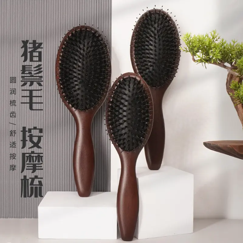 Özel Logo Detangling siyah islak kuru domuzu kıl naylon kafa ahşap kafa derisi kürek saç fırçası masaj Hairbrush