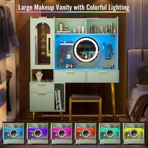 48-inch <b>vanity</b> cabinet with charging station, LED modern bedroom dressing <b>table</b>, pegboard, 5-drawer shelf, cabinet - Product Image 4