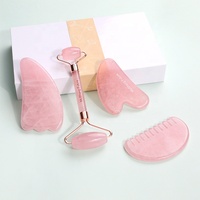 Ensemble de rouleau de massage facial en quartz rose et jade et Gua Sha, anti-rides, amincissant, couleur rose