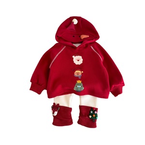 Christmas Baby Girls Hooded Sweatshirt Set Thick Fleece Lined Winter Outfit Red Santa Design With Matching Leg Warmers - Product Image 5