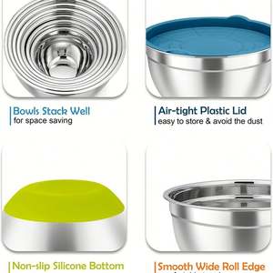 Juego de 5 uds de cuencos para mezclar con tapa, cuencos para anidar ensaladas de acero inoxidable con fondo de silicona antideslizante para preparar mezclas para hornear - Product Image 3