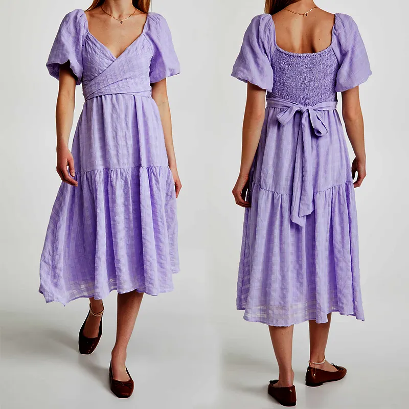 Manufacturer wholesale spring solid purple seersucker dresses women custom summer designer madi ruffle dress