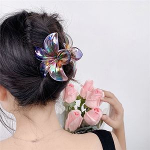 Pince à cheveux griffe de requin pour femme, motif <span class=keywords><strong>fleur</strong></span> de <span class=keywords><strong>frangipanier</strong></span> colorée, en plastique, pour mariage hawaïen, plage et usage quotidien - Product Image 1