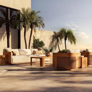 Canapé d'extérieur en teck et rotin pour cour, villa, <span class=keywords><strong>jardin</strong></span>, hôtel, B&B, terrasse, chaise d'extérieur en rotin, mobilier en bois massif - Product Image 2