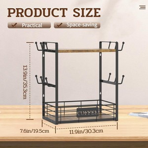 Estante de Pared de 2 Niveles Oniya <span class=keywords><strong>para</strong></span> <span class=keywords><strong>Tazas</strong></span> de Café con Cesta de Almacenamiento, 12 Ganchos, Torre de Almacenamiento de Madera Vintage, Estante de Exhibición - Product Image 4