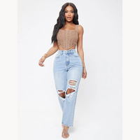Jean Boyfriend déchiré taille haute à jambe droite en denim vieilli pour femme