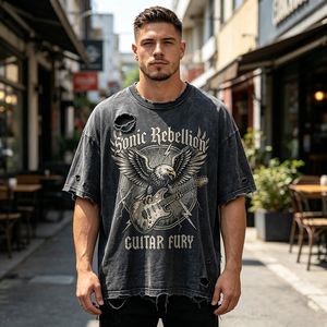 <span class=keywords><strong>Camiseta</strong></span> Gris Oscuro Vintage Lavado Pesado con Efecto Desgastado, Estampado de Guitarra Águila <span class=keywords><strong>Sonic</strong></span> Rebellion, Personalizada OEM al por Mayor - Product Image 1