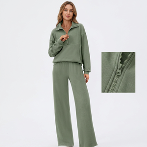 Conjunto Deportivo Verde para Mujer, con Cierre de Cremallera a la Mitad, Manga Larga, Corte Holgado, Color Sólido, Informal, Sudadera de Otoño y Pantalones Anchos - Product Image 1